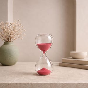 May include: A clear glass hourglass with a rounded shape containing vibrant pink sand. The sand is currently flowing from the top bulb into the bottom bulb, creating a small mound at the base of the hourglass, which sits on a flat surface.