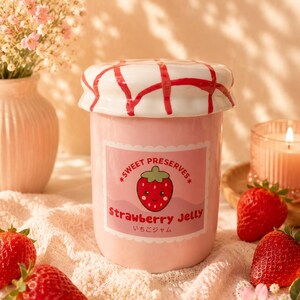 Puede incluir: Un tarro de cerámica rosa claro con una tapa de patrón a cuadros rojos y blancos. La etiqueta frontal muestra una fresa de dibujos animados, el texto "SWEET PRESERVES", "Strawberry Jelly" y caracteres japoneses, rodeado de fresas frescas.