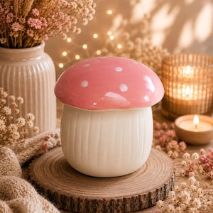 Pode incluir: Um recipiente de cerâmica em forma de cogumelo com um chapéu rosa brilhante com bolinhas brancas e uma base branca com estrias verticais. A tampa é removível, revelando o interior oco do pote, projetado para armazenamento ou uso decorativo.
