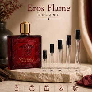 Puede incluir: Un frasco de perfume Versace Eros Flame de vidrio rojo con tapa dorada junto a cinco viales de spray de vidrio transparente etiquetados 1ml, 2ml, 3ml, 5ml y 10ml. El texto Eros Flame Decant aparece arriba, con iconos y texto de fragancias premium.