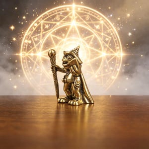Può includere: Una piccola statuetta color ottone di una creatura che indossa un cappello a punta e un mantello, che tiene un bastone strutturato in una mano e un libro aperto nell'altra. La figura è in piedi con tratti del viso dettagliati e una cintura.
