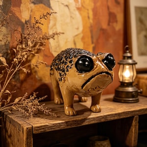 May include: A ceramic figurine of a four-legged creature with a tan body and a dark brown, textured back. The creature features two large, glossy black eyes and a downturned mouth, standing on four short legs with a smooth, light brown finish.