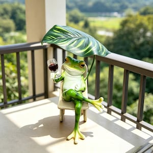 Puede incluir: Una figura de rana verde sentada en una silla pequeña, sosteniendo una copa en miniatura de vino tinto. La rana está colocada bajo una hoja grande, verde y texturizada que actúa como sombrilla. La figura presenta extremidades detalladas.