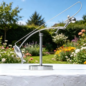 Fisherman Balance Metal Art Statue, Fishing Lover Gift Kinetic Balancing Sculpture, Modern Silver Desk Decor for Office Home