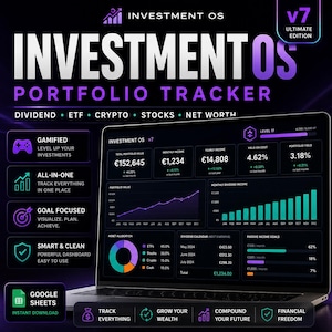 May include: A laptop screen displays the "Investment OS" portfolio tracker interface. The interface shows financial data, including portfolio value, monthly income, and yield. The design is dark with purple and white accents, and includes charts and graphs.