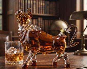 May include: A clear glass decanter shaped like a bull, filled with an amber-colored liquid, featuring a gold-toned stopper at the tail. Beside it sits a short, faceted glass tumbler containing an amber liquid and several ice cubes.