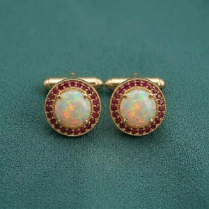 Luxurious Fire Opal & Ruby Minimalist Bullet Back Men's Cufflinks 14K Yellow Gold Silver Jewelry