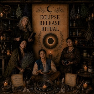 May include: A mystical scene featuring four women in a ritual setting. A banner displays "ECLIPSE RELEASE RITUAL" with a moon and sun symbol. The women are surrounded by candles, herbs, and ritual items. One woman holds a bowl with smoke, another holds a bundle of herbs.