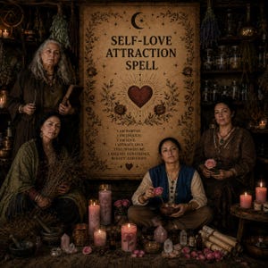 May include: A photograph depicting four women in a mystical setting, surrounded by candles, crystals, and herbs. A large scroll in the background reads "SELF-LOVE ATTRACTION SPELL" with affirmations, creating a spiritual atmosphere.