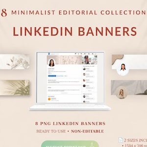May include: A digital collection of 8 LinkedIn banners featuring neutral tones and botanical shadows. The display shows a laptop screen with a profile example, alongside banner previews, text reading 8 MINIMALIST EDITORIAL COLLECTION LINKEDIN BANNERS, and 2 SIZES INCLUDED: 1584 x 396 px, png and 3168 x 792 px, png.