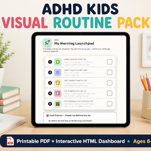 Visuellt rutinschema för barn, interaktivt dagsschema i PDF- och HTML-format, ADHD-planerare