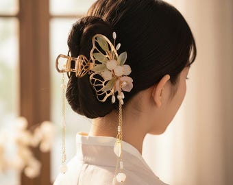 Gold Filigree Butterfly Hair Claw, Jade Green Pearl Flower Hairpin with Dangle Tassel, Chinese Hanfu Hair Accessory