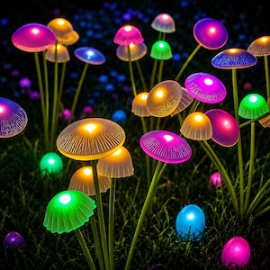 Puede incluir: Una vibrante exhibición de luces de jardín iluminadas con forma de hongo en varios colores, incluyendo rosa, verde, azul y amarillo. Las luces están colocadas en un área cubierta de hierba, creando una escena exterior caprichosa.