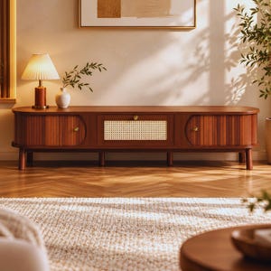 May include: A long, low-profile wooden media console featuring two side cabinets with vertical slat detailing, a central drawer with a woven cane panel, and small brass knobs. The piece is supported by six cylindrical wooden legs.
