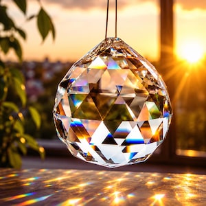 May include: A faceted crystal ball, suspended by a thin wire, reflects a spectrum of colors from the sunlight. The crystal's geometric design creates a dazzling display of light and shadow. The background features a warm sunset and foliage.