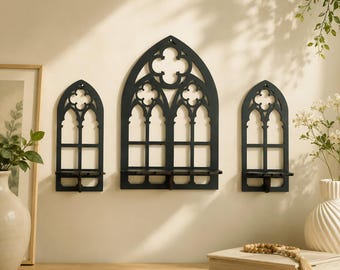Juego de estantes de pared con arco gótico, marco de exhibición flotante de catedral, ventana de iglesia negra vintage, decoración de habitación, estante de cristal caprichoso, organizador decorativo