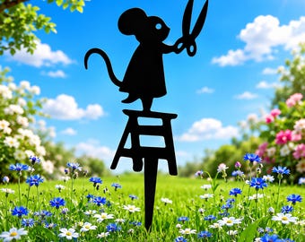 Cute Mouse Garden Stake Silhouette Metal Yard Art Whimsical Animal Sculpture Unique Flower Bed Ornament Storybook Lawn Pathway Decoration