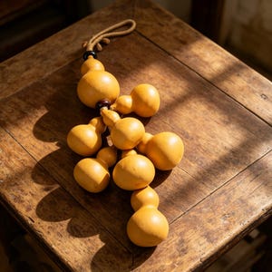 May include: A cluster of dried, light-brown, bulbous gourds tied together with a braided tan cord. The arrangement features multiple smooth, rounded shapes connected by a central string, accented with small dark beads near the top loop.