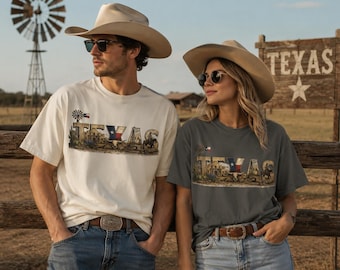 Texas Grafik-T-Shirt, Vintages Western-Cowboy-T-Stück, Texas Zustand-Hemd, rustikale Texas-Andenken, Landhausstil-Geschenk, Unisexkomfort-Farben