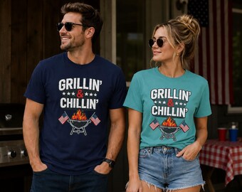 Vaterländisches Grillin '& Chillin' T-Shirt, Grillparty Shirt, 4. Juli T-Shirt, Grillmeister Shirt mit amerikanischer Flagge, Sommer Grill Geschenk