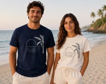 Tropisches Palmen-Shirt, Sonnenuntergang-Strand-T-Shirt, Sommerferien-T-Stück, Küstenästhetik-Shirt, Ozean-Grafik-T-Stück, Unisex Geschenk
