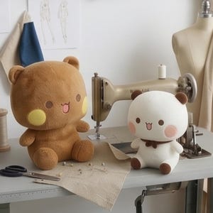 May include: Two plush bear toys, one brown and one white, sit on a sewing table next to a vintage sewing machine. The brown bear has yellow cheeks, while the white bear has pink cheeks and a small brown bow. Sewing supplies include thread spools and scissors.