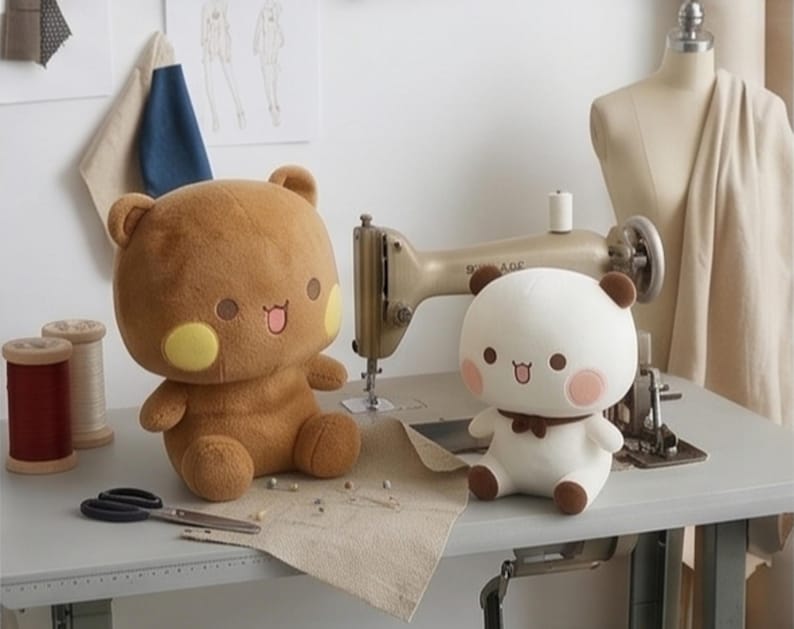May include: Two plush bear toys, one brown and one white, sit on a sewing table next to a vintage sewing machine. The brown bear has yellow cheeks, while the white bear has pink cheeks and a small brown bow. Sewing supplies include thread spools and scissors.