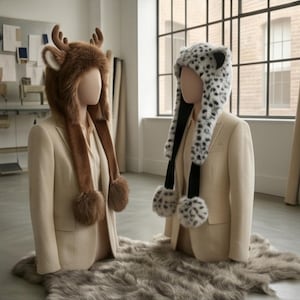 May include: Two mannequin torsos wearing beige blazers and plush animal-themed hats. The left hat is brown with deer antlers and ear flaps with pom-poms. The right hat is white with black leopard spots, ear flaps, and matching pom-poms.