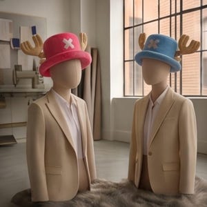 Puede incluir: Dos maniquíes con blazers beige sobre camisas blancas. El maniquí de la izquierda lleva un sombrero de copa rosa brillante con una X blanca y astas color canela. El de la derecha lleva un sombrero de copa azul claro con una X blanca y astas color canela.