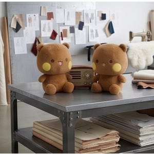 May include: Two identical brown plush bear toys with round ears, yellow circular cheeks, and a small mouth showing a tongue. The bears are positioned on a metal table next to a small, brown, vintage-style radio with a circular speaker grille.