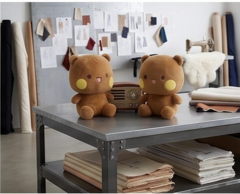May include: Two identical brown plush bear toys with round ears, yellow circular cheeks, and a small mouth showing a tongue. The bears are positioned on a metal table next to a small, brown, vintage-style radio with a circular speaker grille.