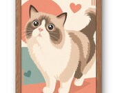 Modern Retro Minimalist Cat Portrait – Coral & Teal Geometric Pet Art Print, Custom Personalized Wall Decor