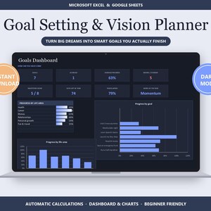 Goal Setting and Vision Planner for Excel and Google Sheets, Dark Mode  (Instant Download)