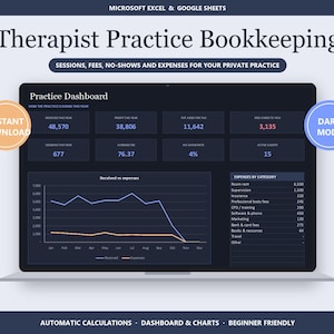 Therapist Bookkeeping Spreadsheet, Dark Mode Private Practice Income Tracker for Excel & Google Sheets (Instant Download)