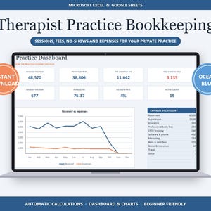 Therapist Bookkeeping Spreadsheet, Ocean Blue Private Practice Income Tracker for Excel & Google Sheets (Instant Download)