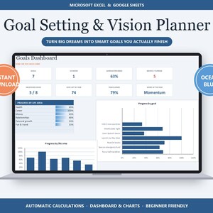 Goal Setting Spreadsheet, Vision Planner for Excel & Google Sheets, Ocean Blue (Instant Download)