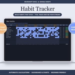 May include: A digital habit tracker for Microsoft Excel and Google Sheets displayed on a laptop screen. The interface features a dark mode theme with a monthly grid, checkmarks for daily tasks, and progress percentages in a table format.