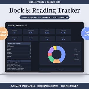 May include: A digital book and reading tracker dashboard for Microsoft Excel and Google Sheets. The dark mode interface displays reading statistics, including books read, goal progress, pages read, average rating, and a colorful genre donut chart.
