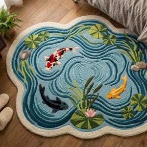 Koi Fish Pond Rug Shaped Tufted Wool Rug, Japanese Garden Area Rug, Handmade Koi Pond Bathmat, Zen Nature Rug for Living Room, 3x4 4x5 ft