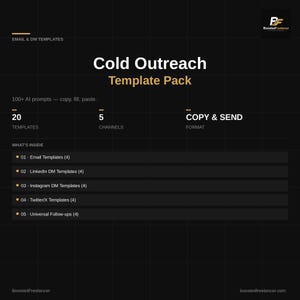 Könnte beinhalten: Dunkler Hintergrund mit dem Text "Cold Outreach Template Pack". Das Paket enthält 20 Vorlagen über 5 Kanäle, darunter E-Mail, LinkedIn, Instagram und Twitter. Der Text erwähnt auch 100+ KI-Prompts.