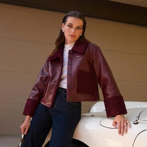 Burgundy Leather Shearling Jacket Women – Cropped Aviator Jacket Deep Wine Red Fur Trim Coat, Western Revival Leather Jacket Short Moto Coat