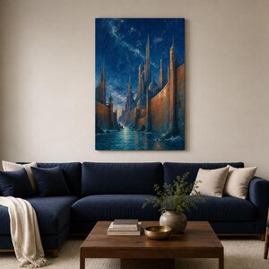 May include: A rectangular wall art print featuring a fantasy cityscape with tall, slender towers in shades of copper and bronze rising from dark blue water under a starry night sky, displayed in a frame on a light-colored wall above a sofa.