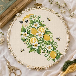 Citrus Bird Cross Stitch Pattern: Summer Lemon Blossom Bee Embroidery PDF Patterns