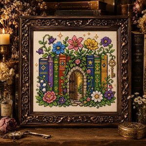May include: A cross-stitch embroidery in a dark ornate frame featuring a central arched door surrounded by colorful books and various flowers. The design includes a golden key on the right side and small star accents against a white fabric background.