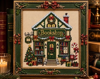 Christmas Bookshop Cross Stitch Pattern: Festive Holiday Book Store Embroidery PDF Patterns