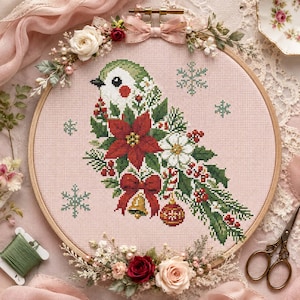 Christmas Bird Cross Stitch Pattern: Poinsettia Snowflake Holiday Embroidery PDF Patterns