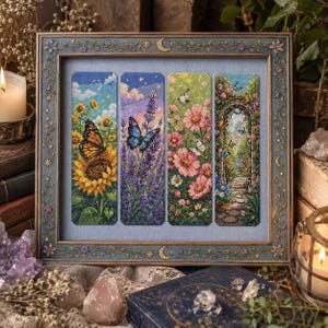 May include: A framed set of four vertical cross-stitch bookmarks featuring nature scenes. The designs include a monarch butterfly on sunflowers, a blue butterfly over lavender, pink cosmos flowers with white butterflies, and a stone garden archway.
