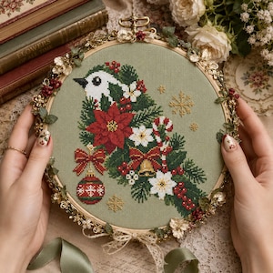 Holiday Bird Cross Stitch Pattern: Red Poinsettia Winter Embroidery PDF Patterns