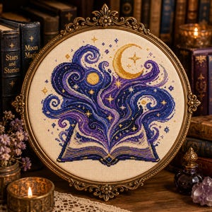May include: A circular cross-stitch embroidery featuring an open book with swirling purple and blue cosmic energy rising from its pages, accented by a yellow crescent moon and stars, all encased in an ornate, antique-style bronze-colored frame.