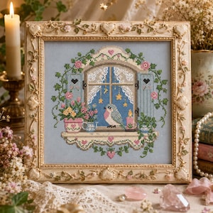 Cozy Window Bird Cross Stitch Pattern: Floral Cottage Night Embroidery PDF Patterns